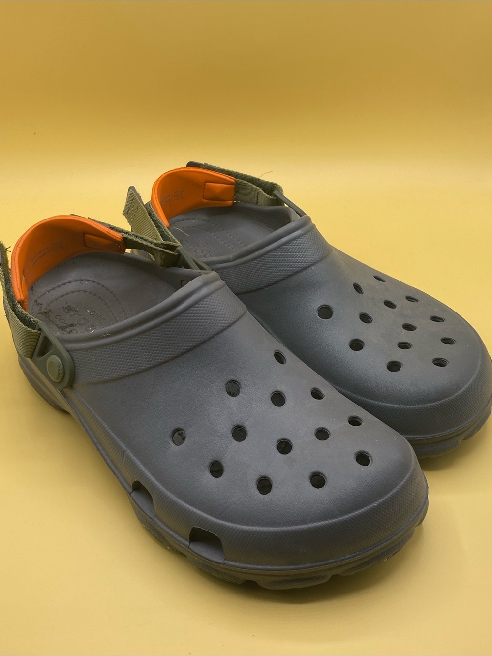 CROCS Gray Foam Clogs with Orange Heel Accent - Picture 1 of 3